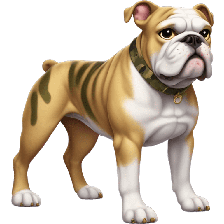 Bulldog with a muscular human body wearing a purple shirt, camouflage pants, and metallic gold boots emoji