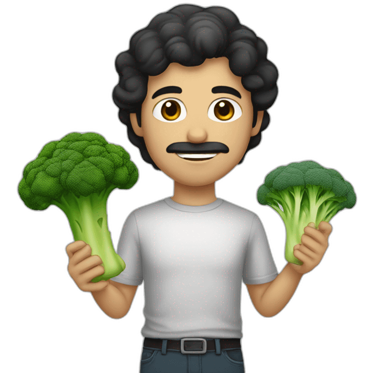 a slender mexican man with dark hair and stubble holding a broccoli emoji