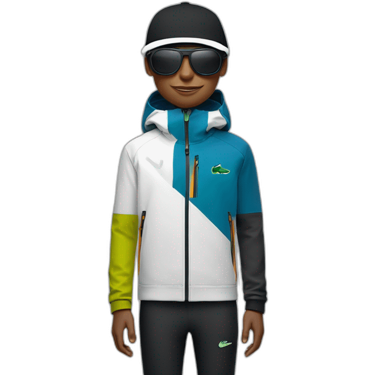 Un garçon blanc qui porte das lunettes de ski, il a les cheveux noirs, un survetement de lacoste et une casquette nike emoji