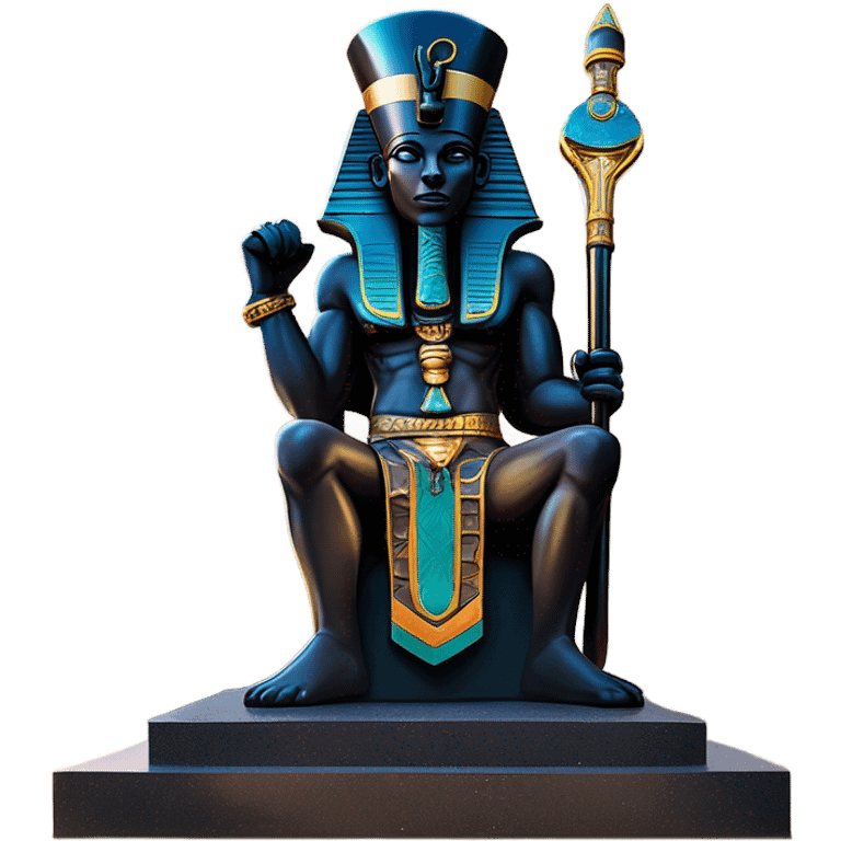 Osiris crook and flail obsidian statue on granite 30 ton brick, massive size, sunlight behind, sunset colors, reflections on black stone polished clean perfect, photography angles emoji