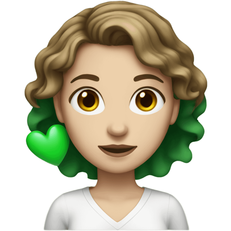 White girl with short wavy brown hair holding green heart emoji