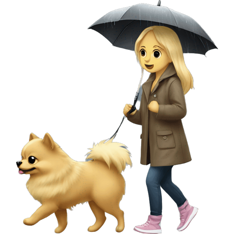 Blonde girl walking little pomeranian under the rain emoji