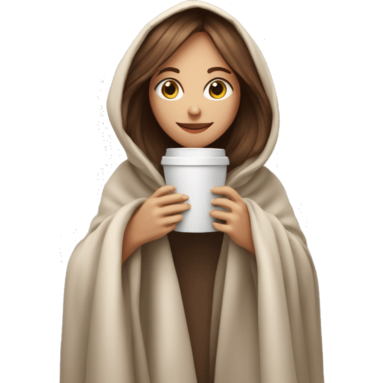 pale sking brown hair girl holding a coffee cup inside a blanket emoji