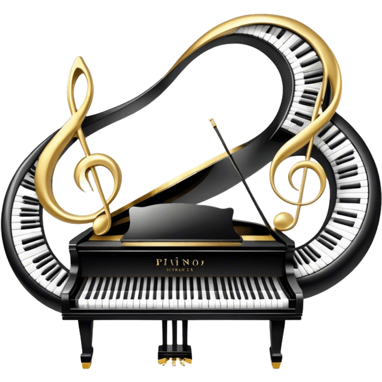 Create an elegant and festive emoji collage representing keyboard instruments, styled like a heraldic emblem. The design should feature a central focal point of black and white piano keys, arranged in a semi-circular or shield-like shape. Around the piano keys, add intertwining musical notes that form flowing ribbons, creating a dynamic and celebratory atmosphere. The design should be professional, with polished silver and gold accents on the keys and notes, highlighting the luxury and sophistication of the instruments. Add subtle shading and lighting effects to give the design a refined, 3D appearance. The background should remain transparent, and the overall feel should evoke grandeur, artistry, and a sense of celebration. emoji