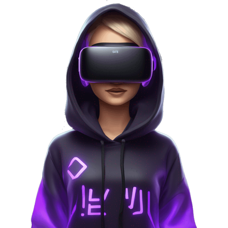 Russian girl wearing black hoody with violet letters "OMG", in vr headset oculus quest2. Standing like jedi. Cyberpunk style. Violet neon. emoji