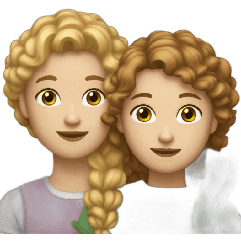 two. Best friends, one with light brown hair, white skin, green eyes and another with white skin, brown hair, brown eyes. emoji