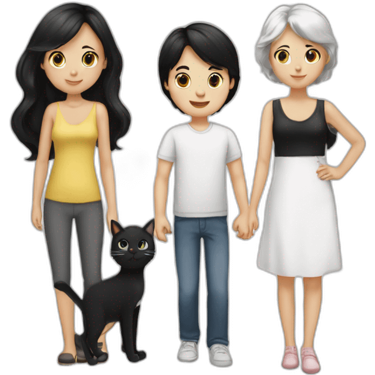 Family of three- mum black hair white skin- dad black hair white skin- baby girl- one white cat-one black cat  emoji