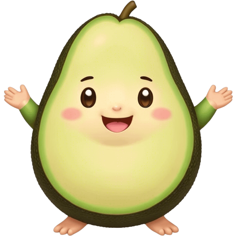 Cute Kawaii Avocado, round and cuddly, soft green with a tiny brown pit, blushing cheeks, a joyful smile, tiny arms outstretched, a warm and healthy glow! emoji