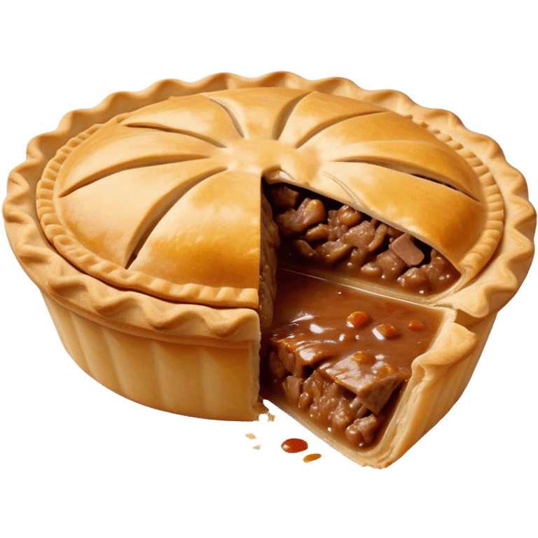 Cinematic Realistic Meat Pie Dish Emoji, showcasing a flaky pastry filled with rich, hearty meat gravy, rendered with lifelike detail and warm, inviting lighting. emoji