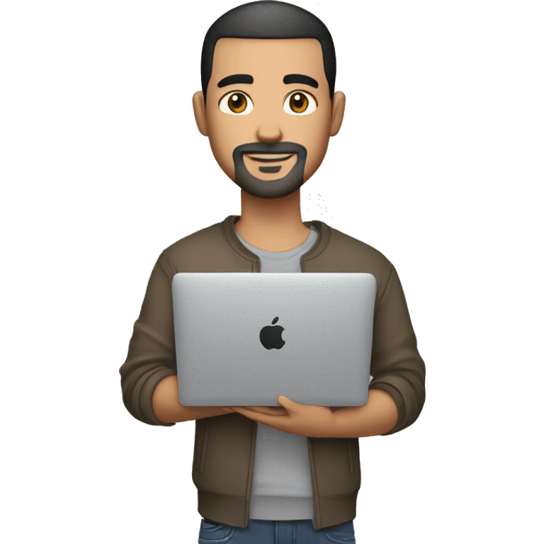 mexican man buzz cut hair with black stubble beard and black eyes in casual clothes, holding macbook laptop. emoji