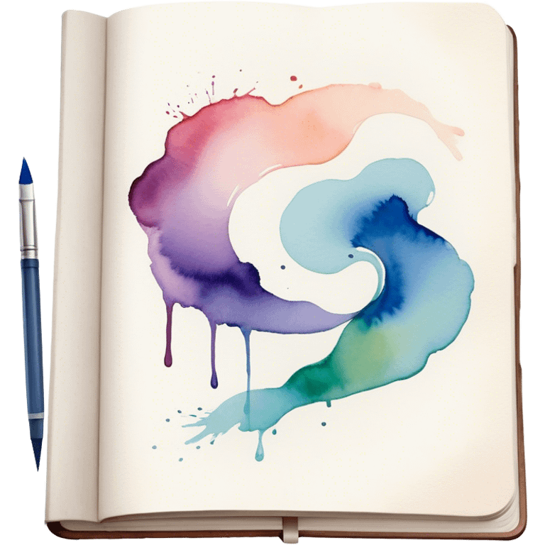 Cinematic Realistic image of an open sketchbook accompanied by a set of translucent watercolors, with delicate pigment stains and soft, flowing brushstrokes, captured under gentle, diffused lighting that highlights creative fluidity emoji