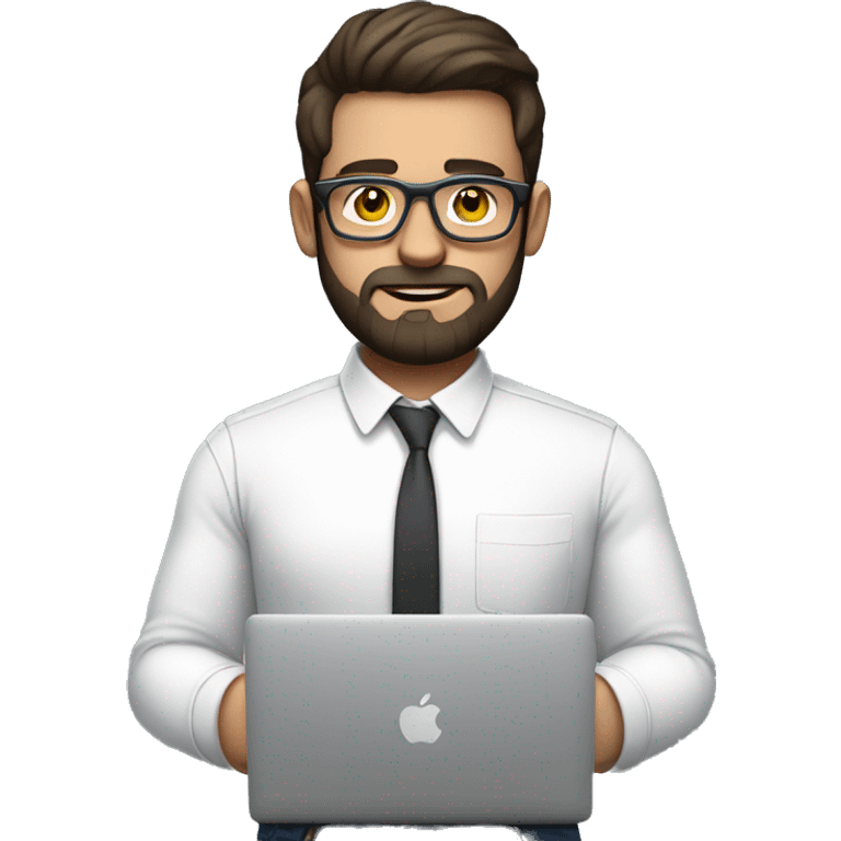 Emoji man with beard holding macbook in hands wearing transparent glasses and shirt, profession - graphic designer. Features: white skin, weight 100 kg, dark hair, age 21 years, earring in left ear emoji