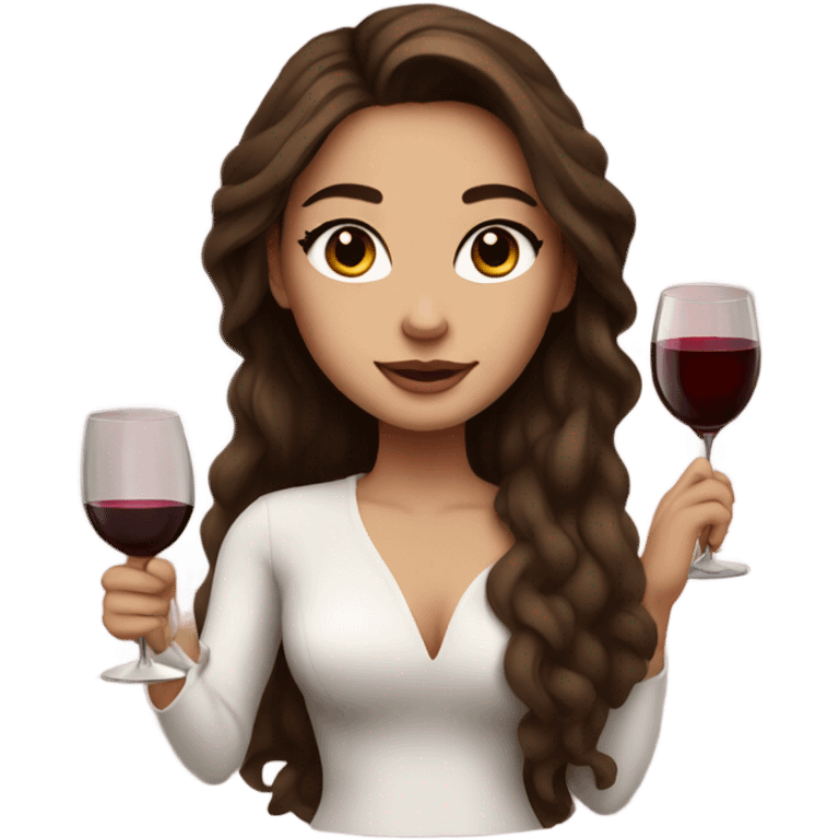 rich girl with white skin, long brown hair, dark eyes, with makeup, with wine emoji