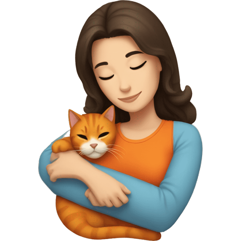 Brunette snuggling with orange cat emoji