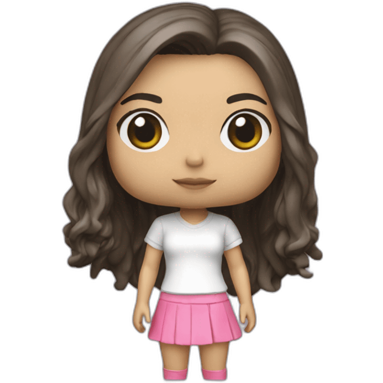 Japanese girl, 16, long hair, white T-shirt, pink miniskirt, funko pop emoji