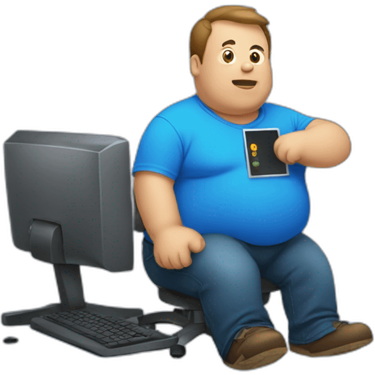 fat man in a blue shirt using a computer emoji