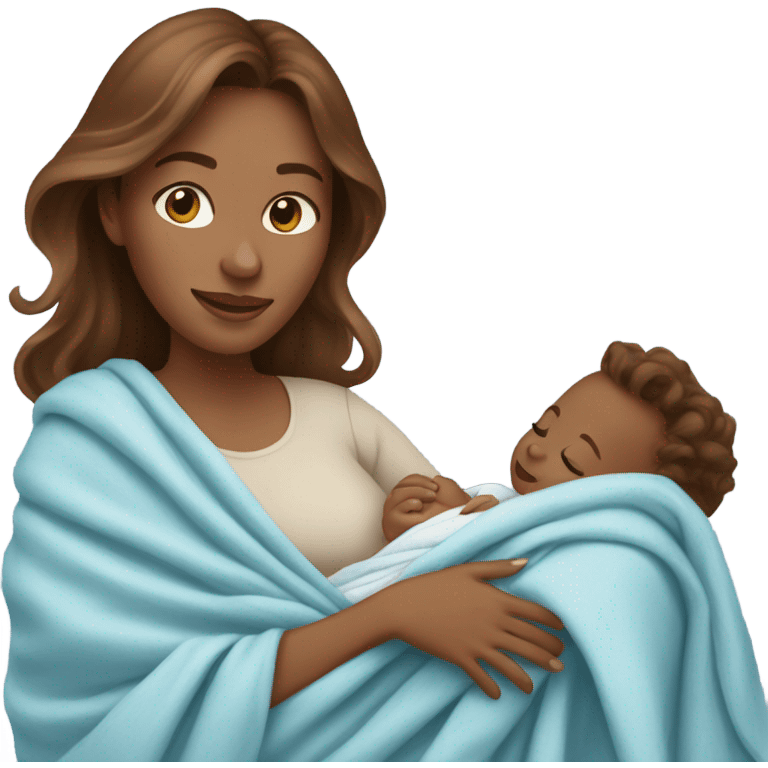 light brown woman with long wavy brown hair holding newborn baby boy with light blue blanket  emoji