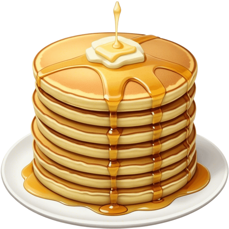 Cinematic fluffy golden pancakes, stacked high, drizzled with maple syrup, topped with fresh butter melting on top, light dusting of powdered sugar, warm and inviting, soft glow and mouthwatering. emoji