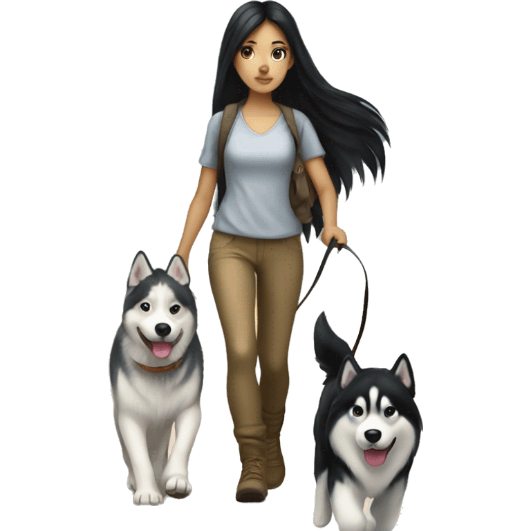 Long black hair pale girl walking husky dog emoji