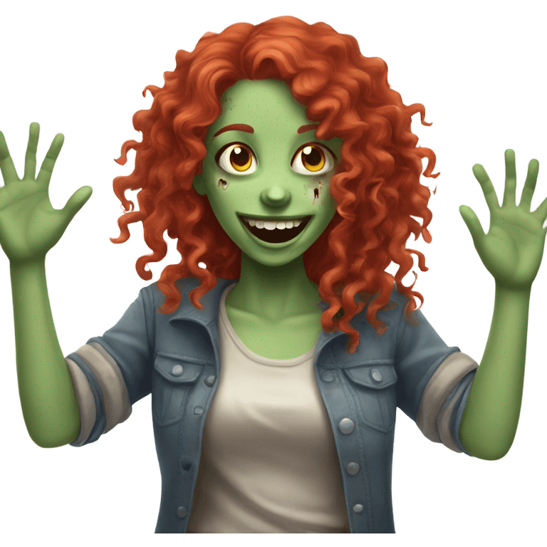 Happy zombie girl red curly hair with both hands in the air emoji