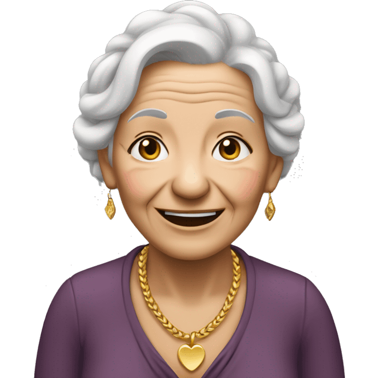 An elderly woman smiled until her eyes were closed, her hair was white in braids and her skin was white with wrinkles. She wore gold jewelry, including a necklace with a heart pendant.  emoji