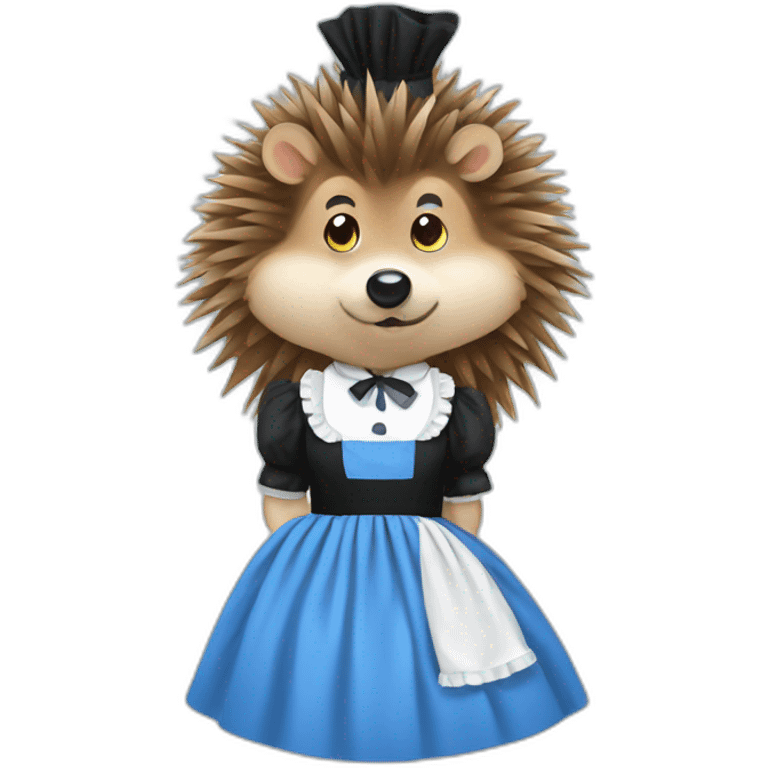 Hedgehog wearing a blue maid dress with a black bow and white frilly apron emoji