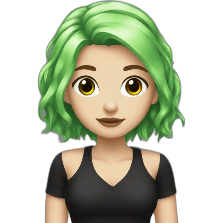 green hair, short hair, black outfit, white girl emoji