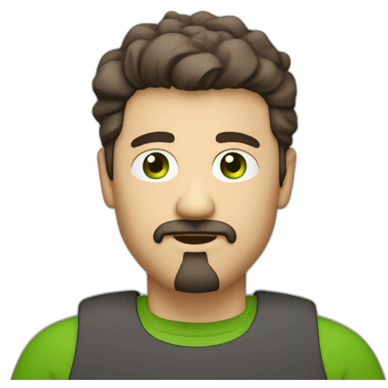 fat middle aged developer short dark brown graying hair goatee with green eyes emoji