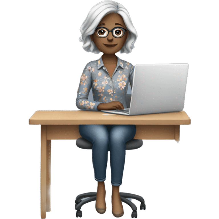 White female Teacher sitting at desk with a laptop shoulder length grey hair wearing glasses jeans and a flower shirt emoji