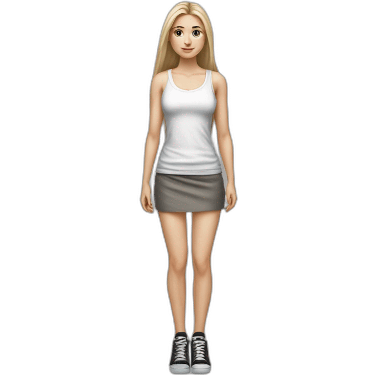 caucasian woman, with long straight hair, blonde hair, brown eyes, white tank top, gray tight mini skirt, black shoes, full body, hyperrealist drawing emoji