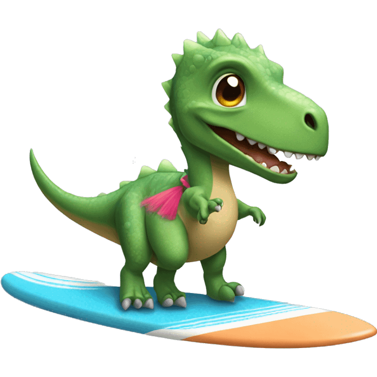 Dinosaur riding a surfboard with a tutu on emoji