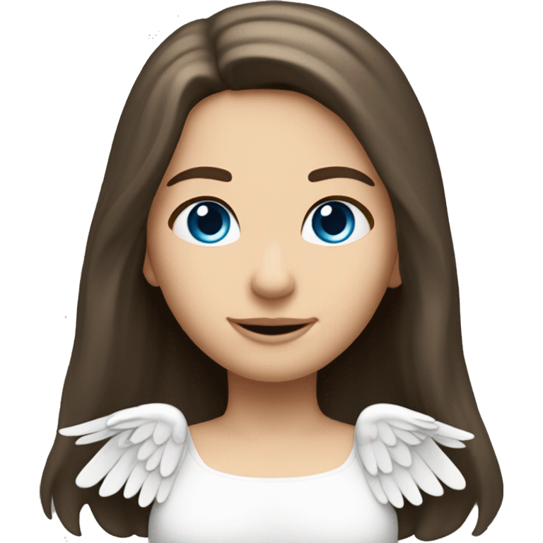 Caucasian brunette angel with long straight hair, dimples, big blue eyes, halo and wings emoji