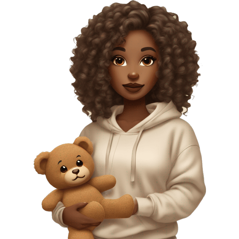 Beautiful black woman with long waste length curly hair with brown highlights, in a cozy sweatsuit in cream color and she is holding a teddy bear in brown, girl wearing makeup long lashes thick glossy lips emoji