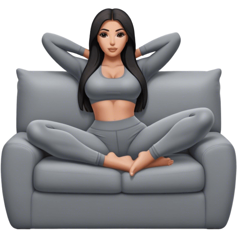 hyper-realistic kim kardashian in gray yoga pants lying on couch comfy emoji