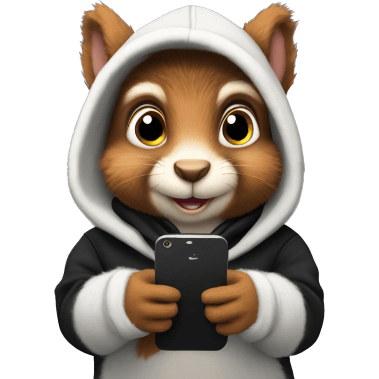 Realistic fluffy Squirrel in black hoodie holding an iPhone  emoji