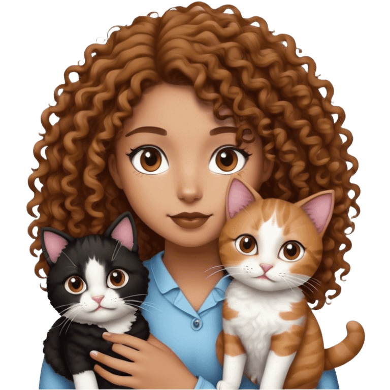 Light brown girl with curly hair and black and white cat emoji