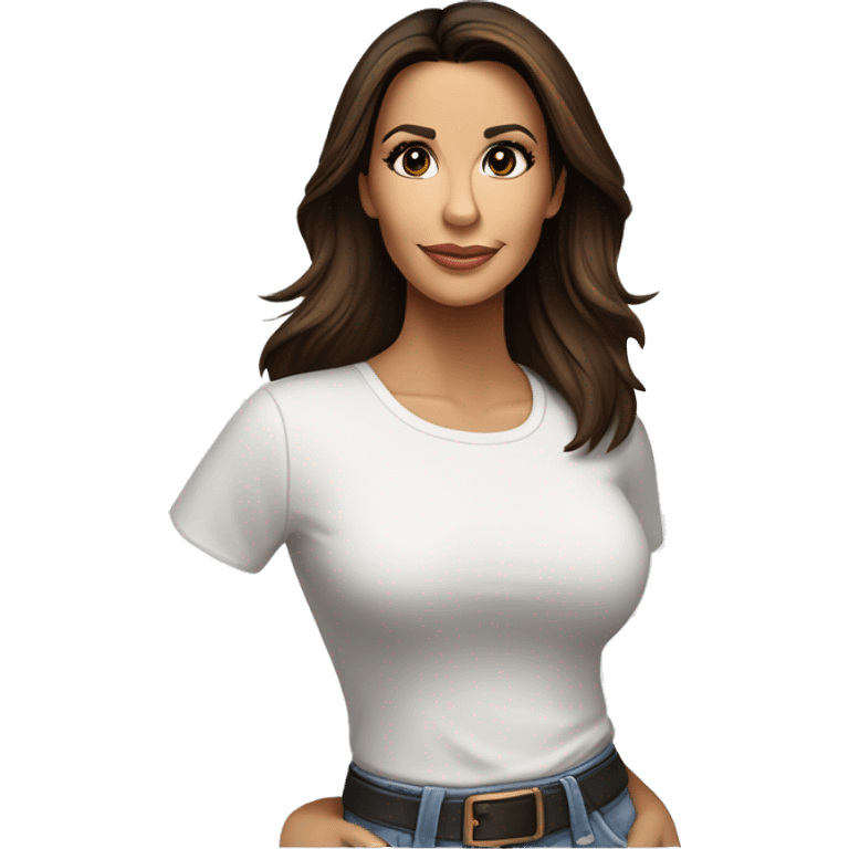 3/4 face, contrasted, shadow, light, Eva Longoria expression, standing from a distance, thin nose, brunette woman, hazel eyes, long eyelashes, dark shoulder shaded hair, white t-shirt, jeans, white sneakers emoji