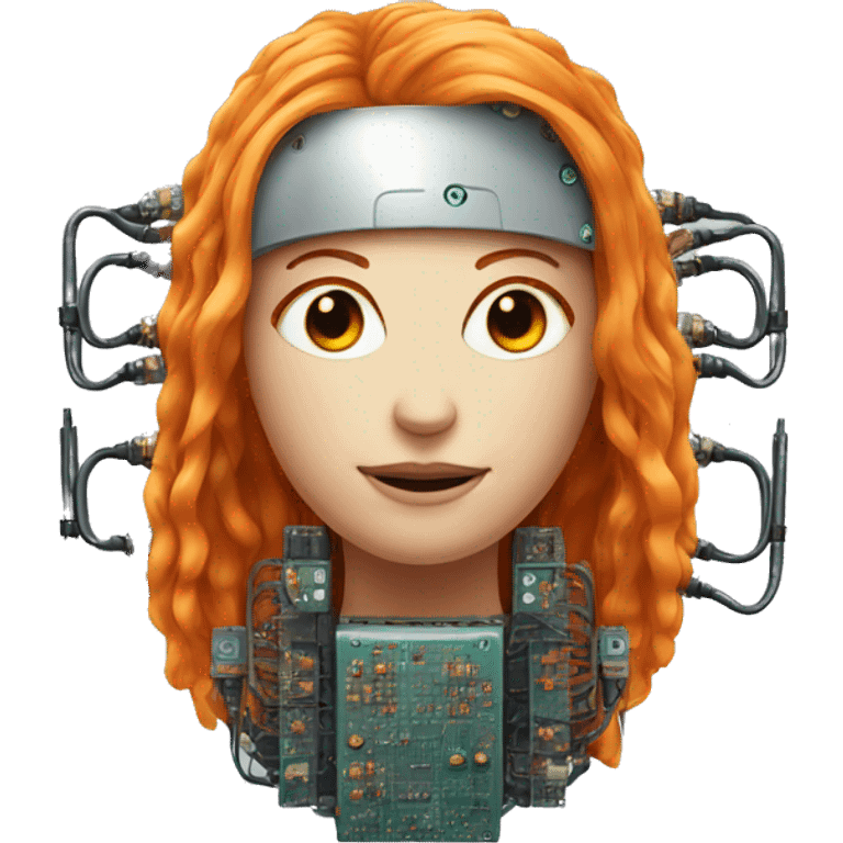 Head of female robot with long orange hair and circuits emoji