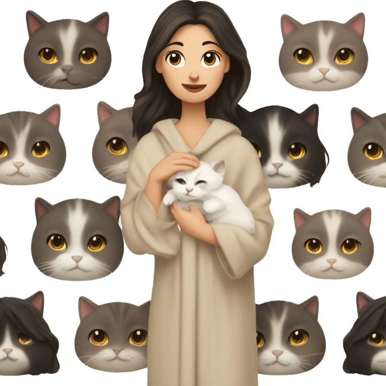 pretty white woman with dark hair petting cat in beige blanket emoji