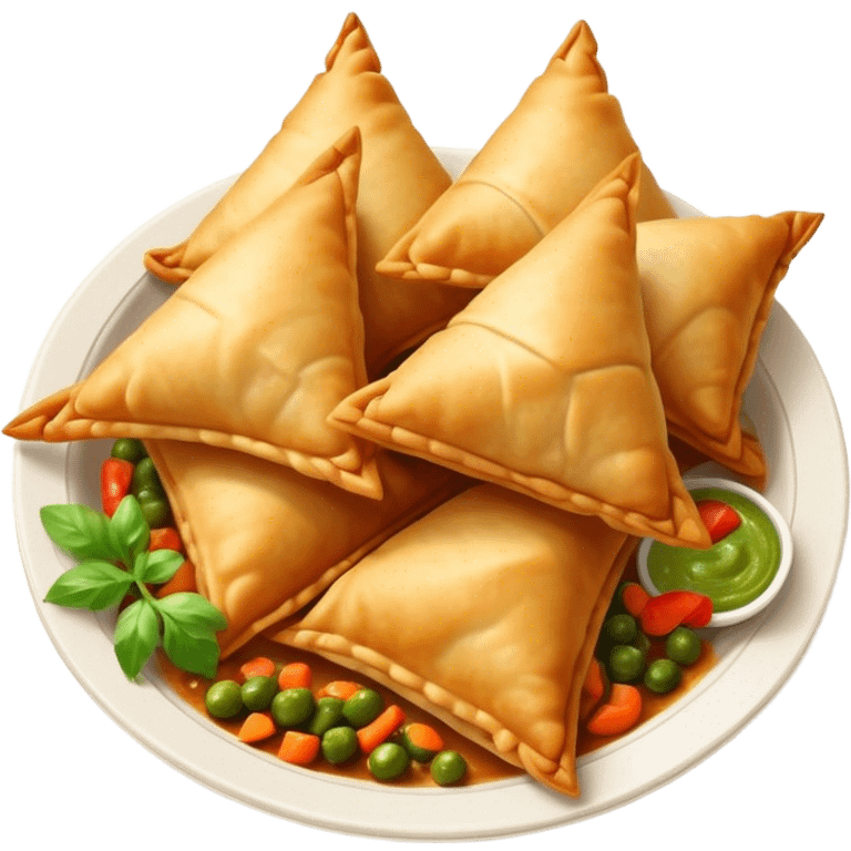 Cinematic Realistic Samosas Dish Emoji, depicted as golden, crispy pastry pockets filled with spiced vegetables rendered with detailed textures and appetizing lighting. emoji