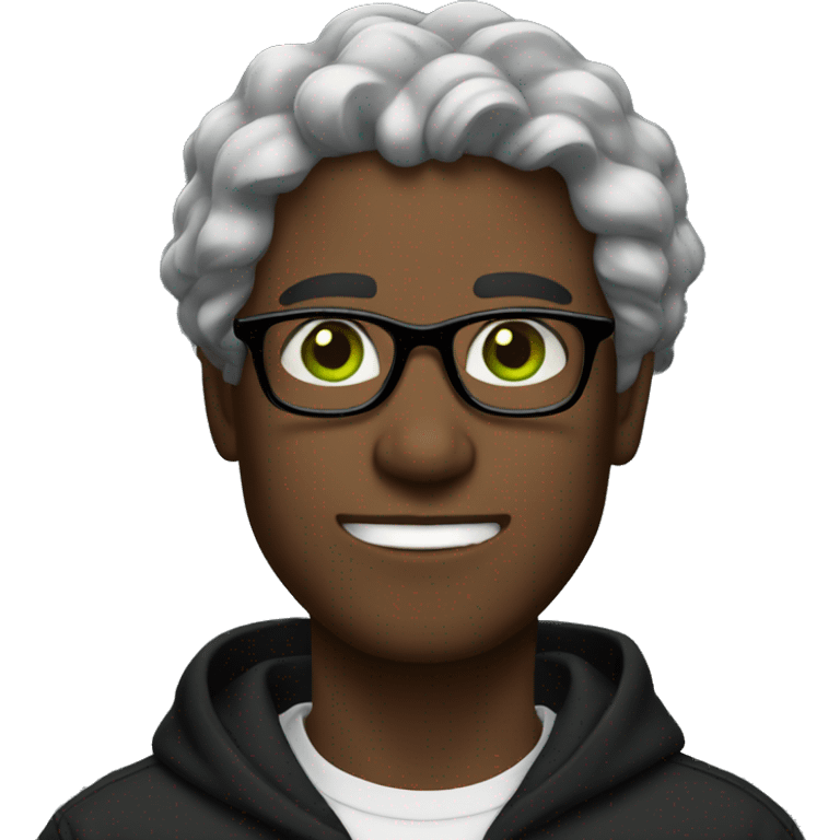 man in glasses with wave hair, green eyes black hoodie emoji