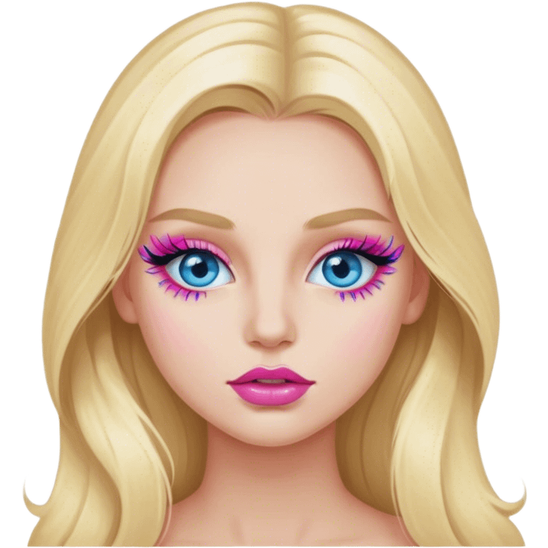 Cinematic realistic blonde with long hair, blue eyes and pink lips paints her eyelashes emoji