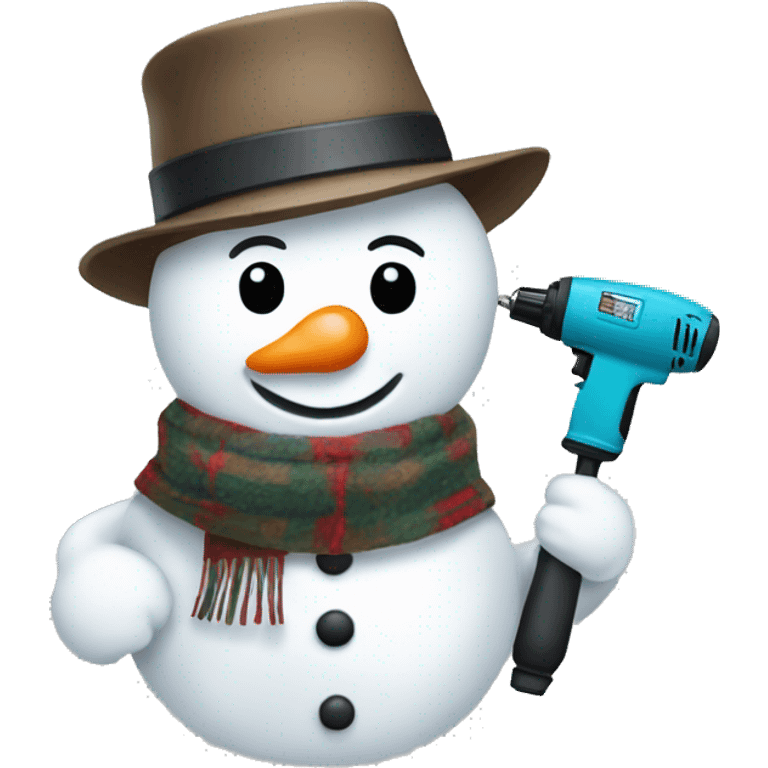 snowman with hat and scarf holding a drill emoji