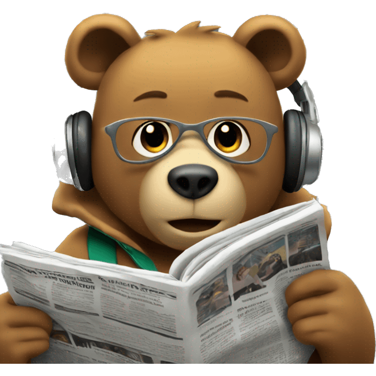 Bear wearing headphones, sitting on a subway train, reading a newspaper. emoji