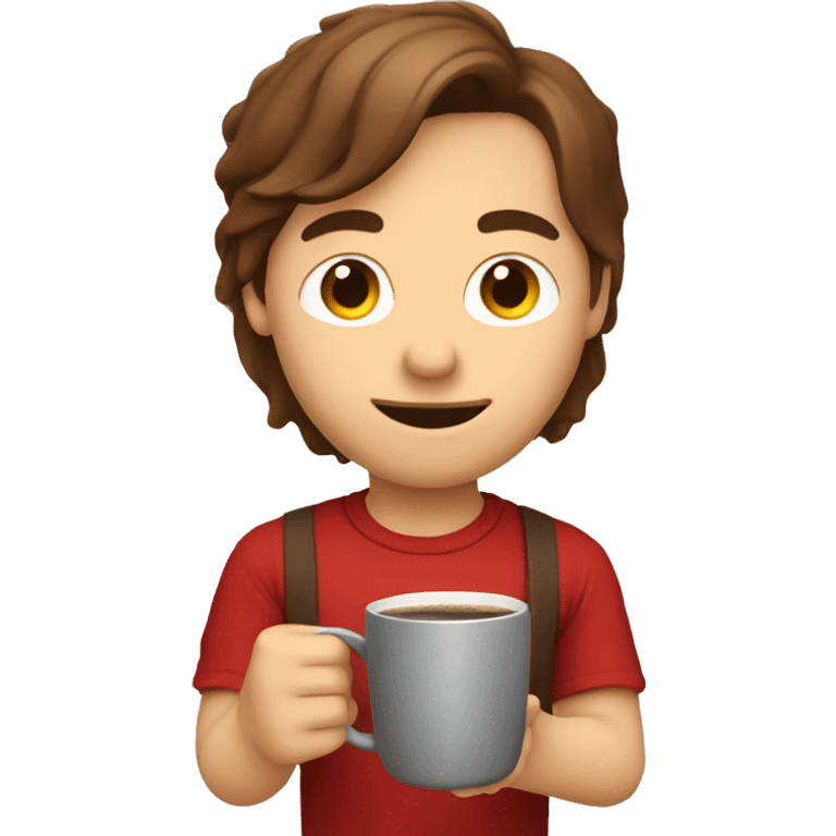 barista boy in a red t-shirt with long brown hair, with a cup of coffee in a hand emoji