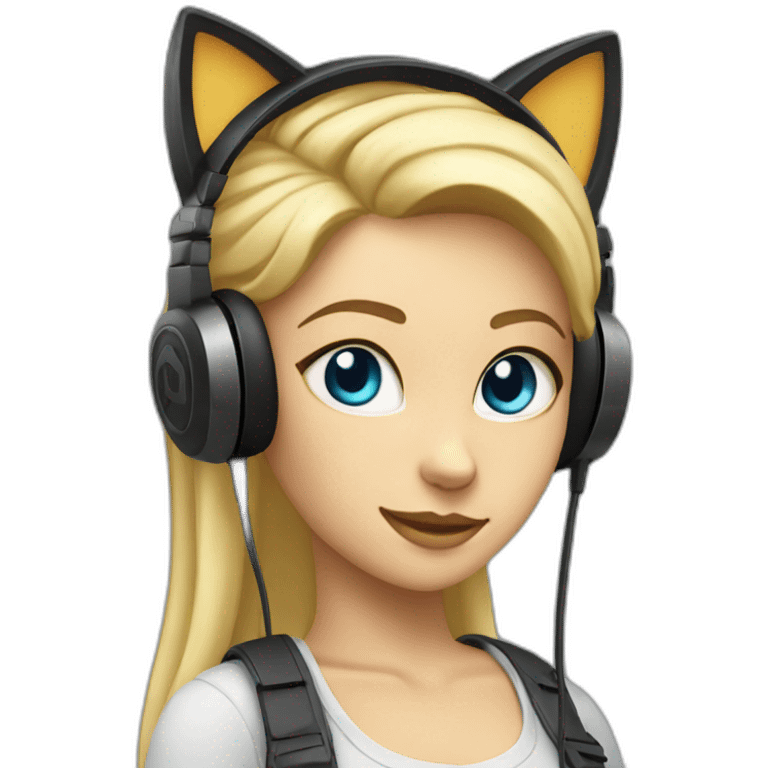 she blond developer has black cat-headphones with blue LED emoji