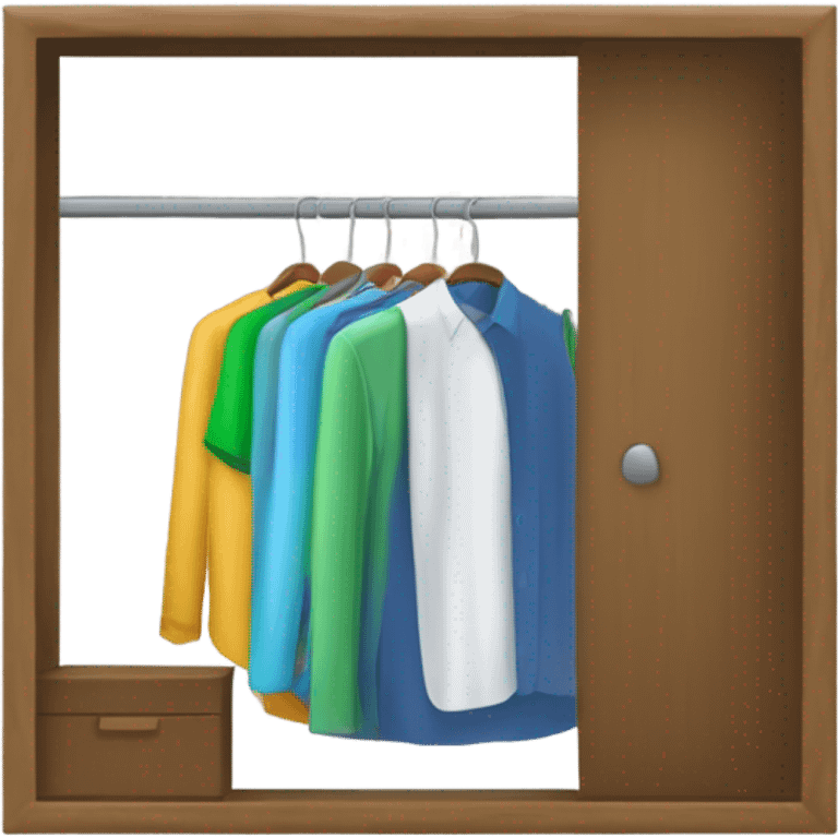 Design an emoji-style icon of an open wardrobe with clothes hanging inside. Include details like a wooden frame, hangers, and colorful clothing items such as shirts or any other clothing . Use a clean and minimalistic design. emoji