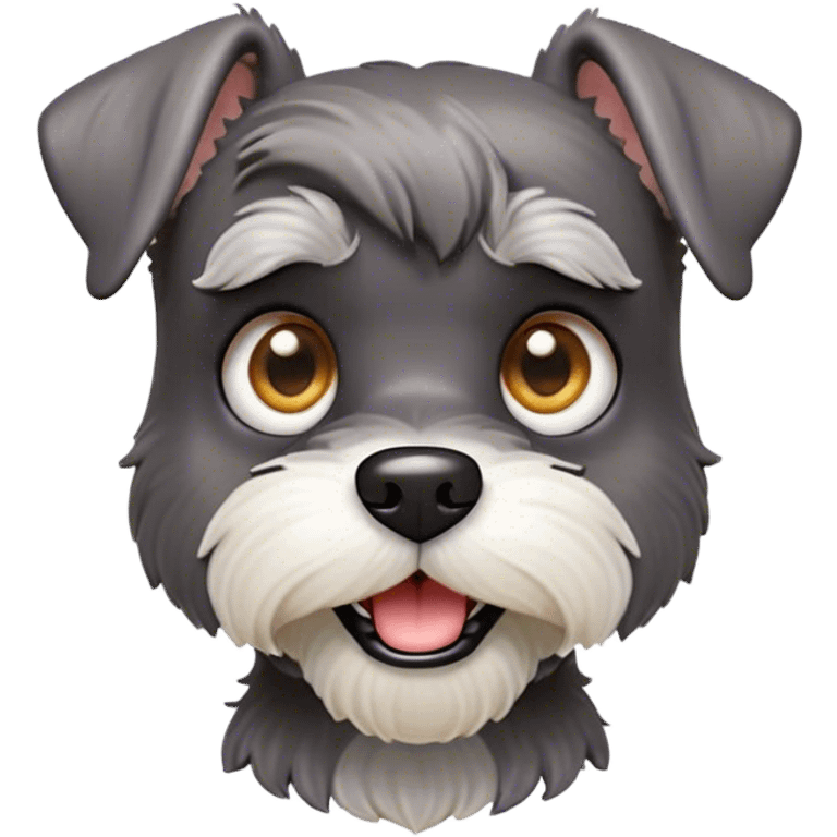 Cinematic Comical Miniature Schnauzer Portrait Emoji, Head tilted dramatically with a comically shocked expression and large, animated eyes, featuring a sharply defined salt-and-pepper fur with exaggerated, humorous eyebrows, simplified yet hilariously detailed, glowing with a bold, playful radiance, high shine, exuding a spirited and cheeky charm, styled with a soft glowing outline, capturing the essence of a Miniature Schnauzer that appears ready to dash into a burst of comic energy! emoji