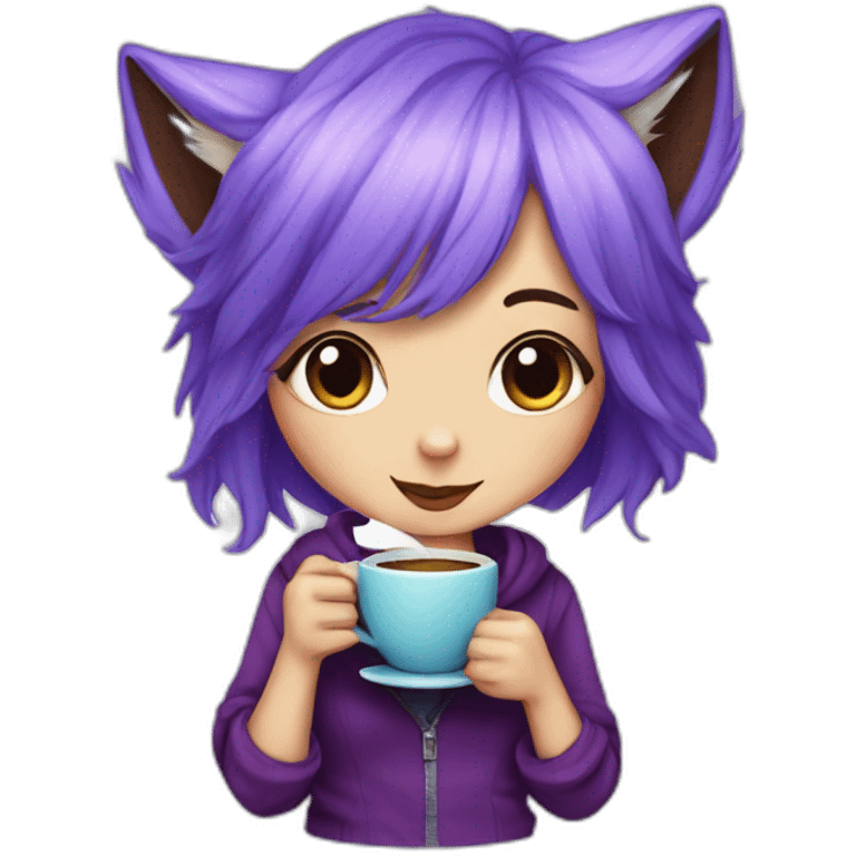 Purple haired fox girl with one eye blue and the other purple, drinking coffe emoji