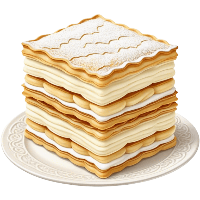 Cinematic delicate mille-feuille, thin crispy pastry layers filled with smooth vanilla cream, dusted with powdered sugar, elegant presentation, highly detailed and sophisticated. emoji